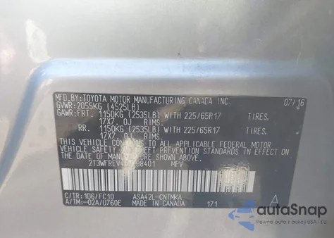 2016 Toyota Rav4 Xle z USA, uszkodzony, nr VIN 2T3WFREV4GW298401